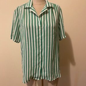 Green and White Vertical Stripe Button-Up Shirt